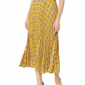 Vince Camuto Yellow Midi Pleated Plaid Skirt.